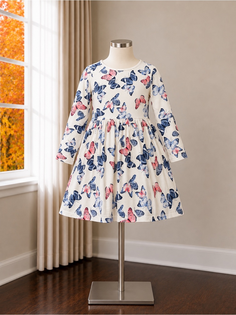 H&M Cream Dress with Blue and Pink Butterfly Print